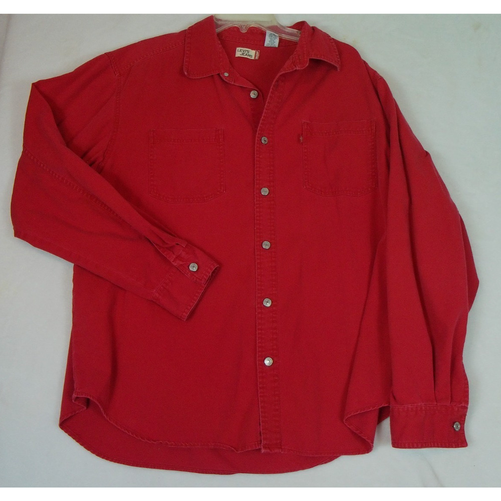 Levis Jeans Mens Cotton Red Denim Metal Button Front Long Sleeve Shirt Size XL